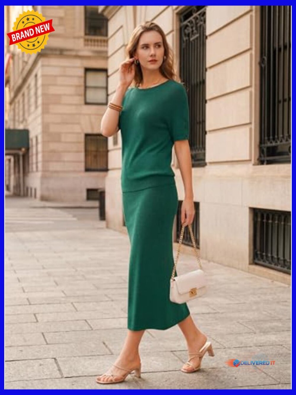 Wool Blend 2 Piece Skirt Set Short Sleeve Top Midi Dress Outfits - Picture 4 of 7